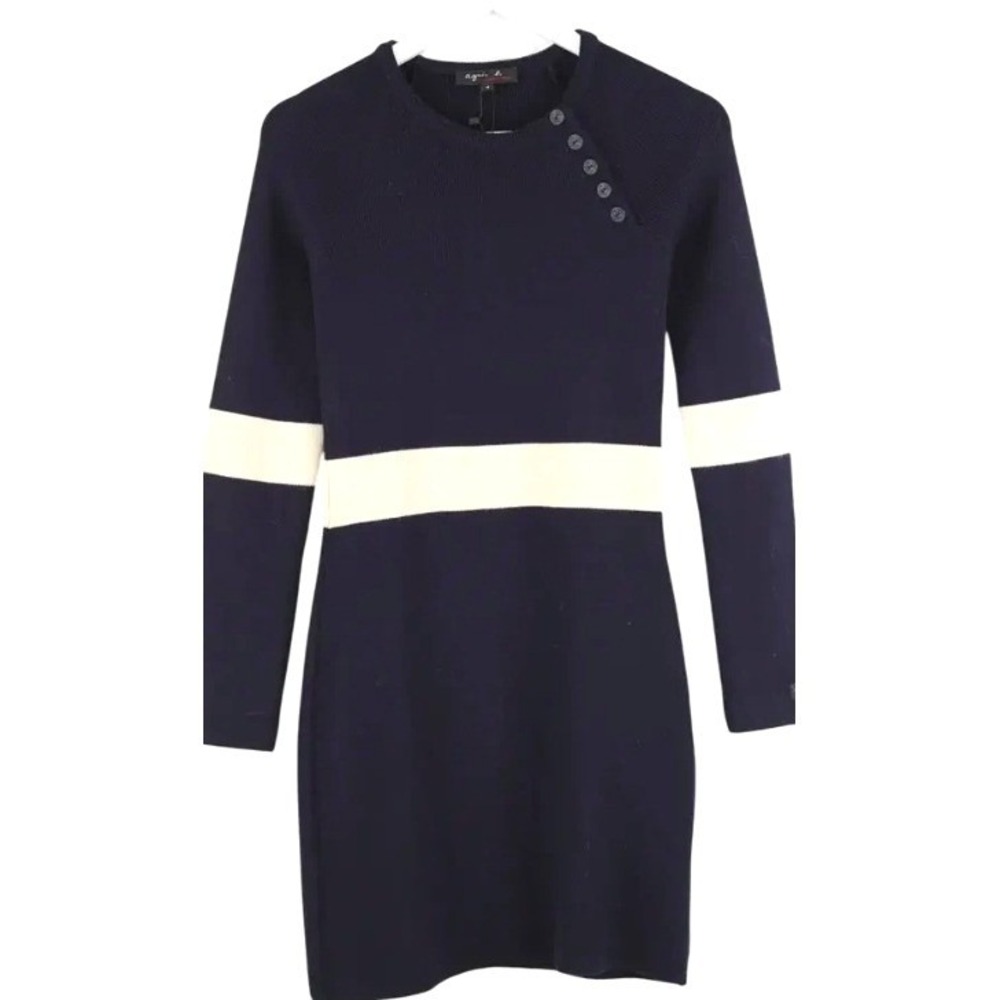 Agnes b France Navy Knit Sweater Dress Stripe Button wool Sz 2 Fall Parisian EUC